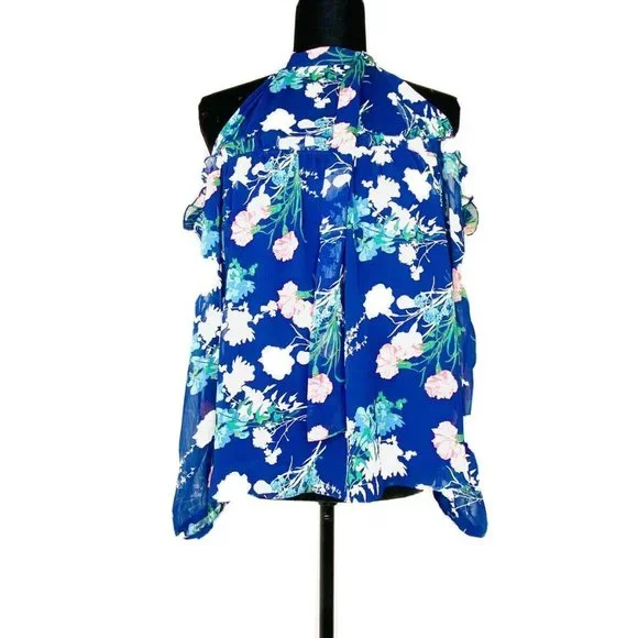C Boho Chic Floral Blouse Chiffon Cold ShoulderBlue Top By C Size Small - Picture 2 of 8